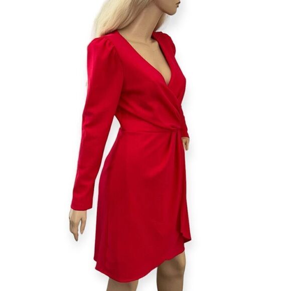 JULIA JORDAN Pleated Faux-Wrap Long-Sleeve Dress in Cherry Size 4 - Picture 7 of 17
